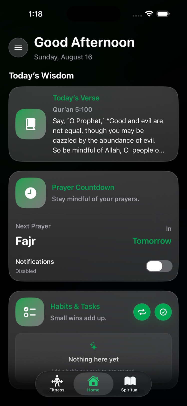 Izzah home screen showing Today's Verse and the next prayer