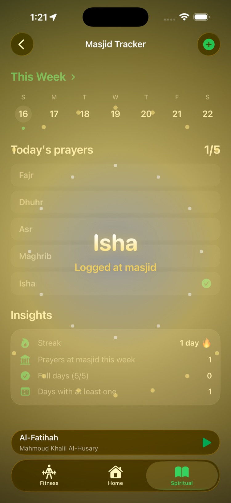 Masjid tracker showing this week's prayers and insights