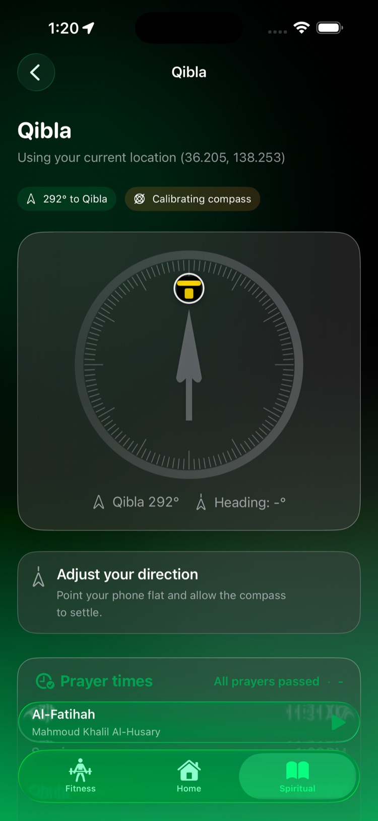 Qibla compass pointing toward Makkah