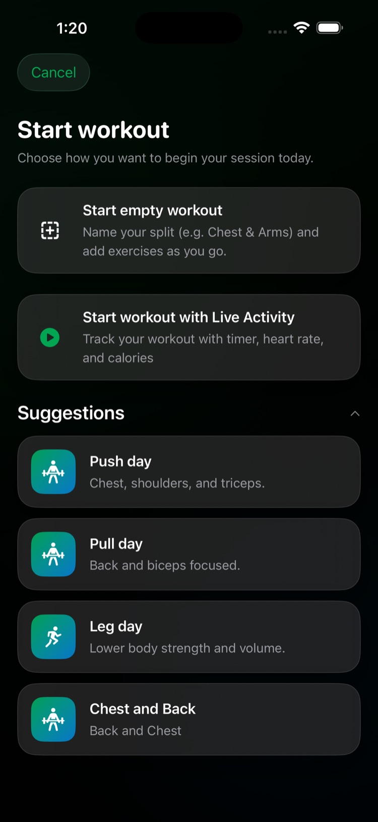 Start workout screen with Push, Pull and Leg day suggestions